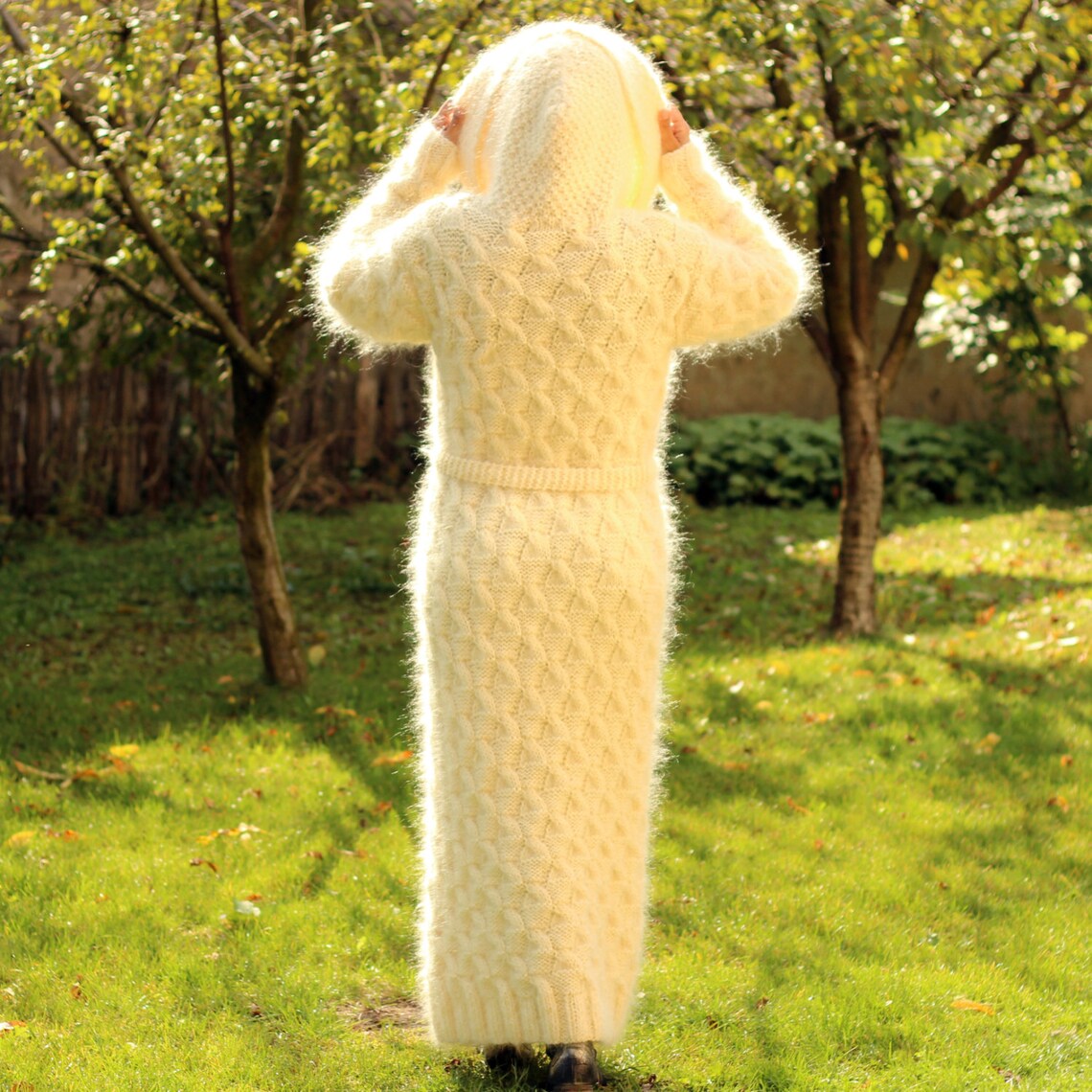 Hand Knit Mohair Coat Cardigan White Hooded Fuzzy Crochet | Etsy
