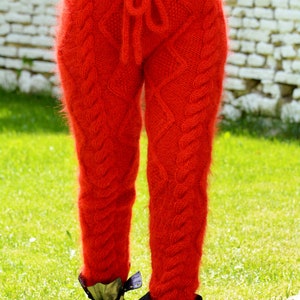 Hand Knitted Cable Mohair Pants, RED Legwarmers, Fetish Trousers, Leggings by Extravagantza image 4
