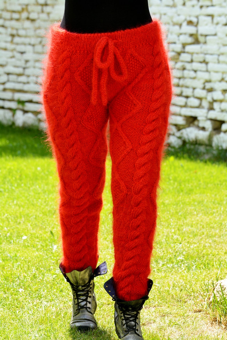 Hand Knitted Cable Mohair Pants, RED Legwarmers, Fetish Trousers, Leggings by Extravagantza image 4