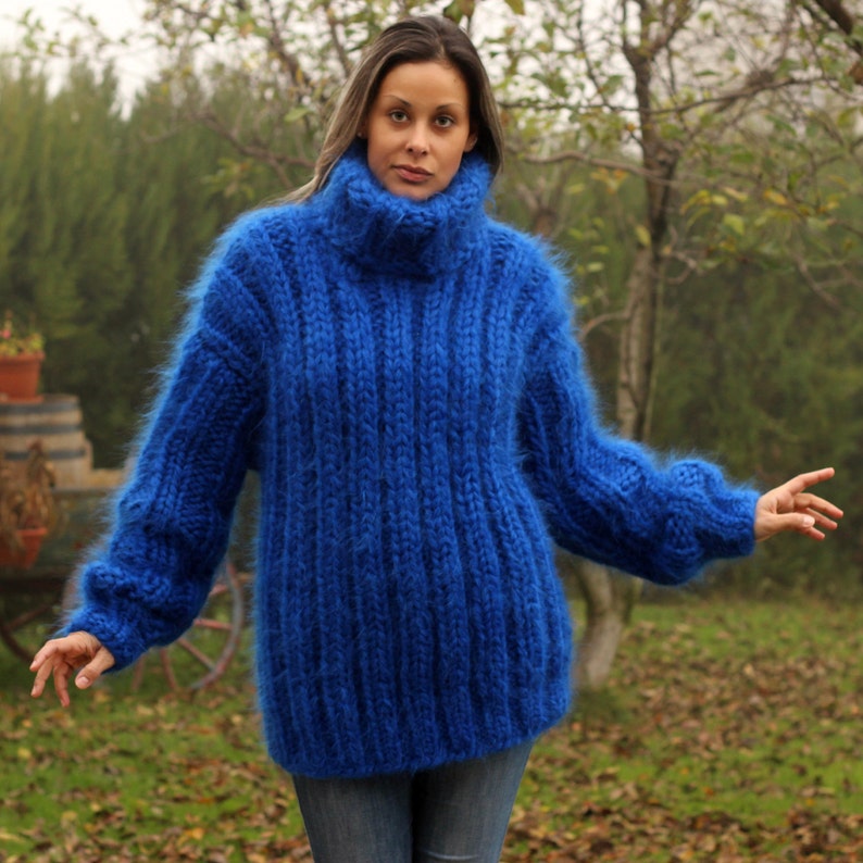 Hand Knit Mohair Sweater BLUE Ultra Thick 10 Strands Fuzzy - Etsy