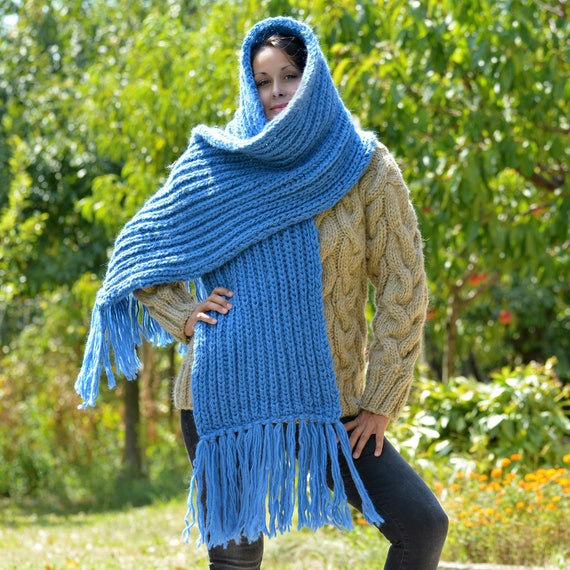 手編みウールマフラー ブルー ラップニット チャンキー レディース