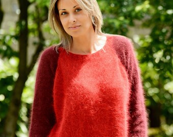 LAST ONE Designer Hand Knit 100% Pure Angora Sweater RED Soft Fuzzy Crewneck Jumper Non Mohair Jersey by Extravagantza