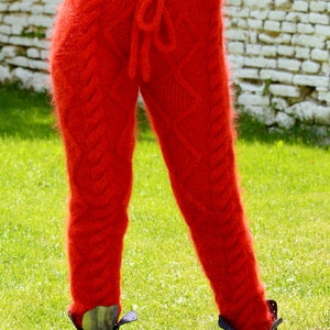 Hand Knitted Cable Mohair Pants, RED Legwarmers, Fetish Trousers, Leggings by Extravagantza image 2