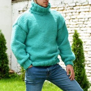 Designer Hand Knitted Wool Sweater, Blue Soft Turtleneck Jumper, Winter Pullover, Ski Jersey by EXTRAVAGANTZA