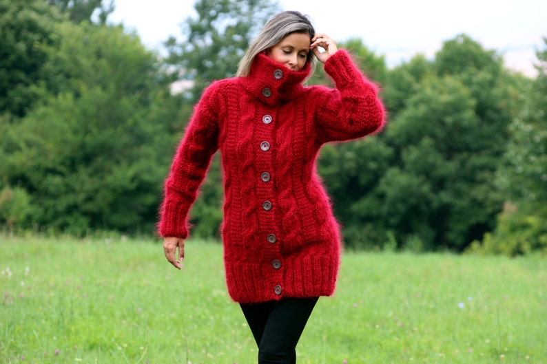 Hand Knit Mohair Cardigan Turtleneck Red Thick Fuzzy Coat Fluffy Cable Mix Sweater Jacket by Extravagantza image 3