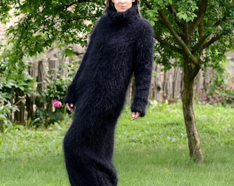 Mohair Dress, Hand Knitted Sweater, Turtleneck Long Fuzzy Black Color Fluffy Fetish Sweater Gown by Extravagantza