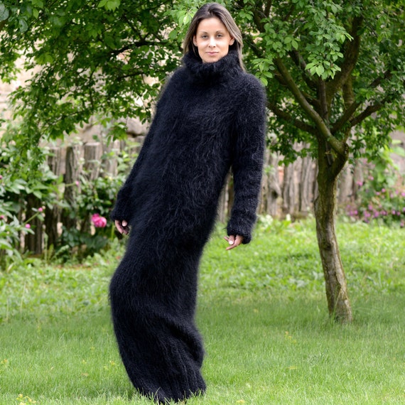 Hand Knit Mohair Turtleneck Dress Long Fuzzy Black Color | Etsy