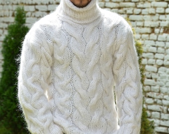 Cable Hand Knitted Mohair Sweater Snow White Fuzzy Turtleneck Jumper Pullover Jersey by Extravagantza MADE to ORDER