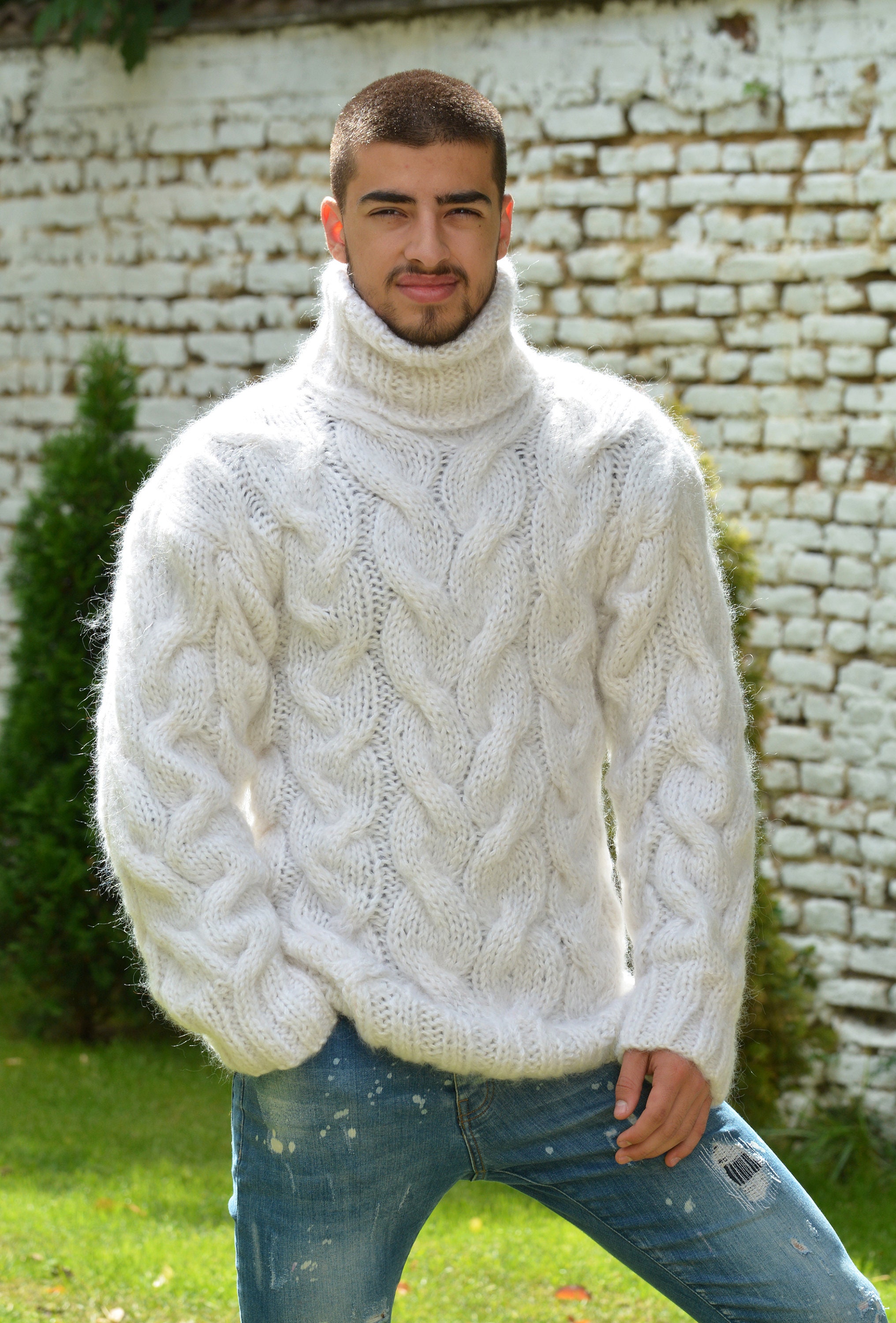 Wool Turtleneck Sweater, Cable Hand Knitted Jumper, Light Grey Fuzzy Jersey  by Extravagantza 