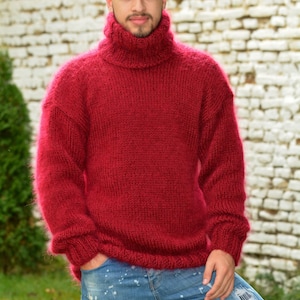Designer Hand Knitted Mohair Wool Sweater Touch of Red Soft Turtleneck Jumper Grey Pullover Jersey by EXTRAVAGANTZA