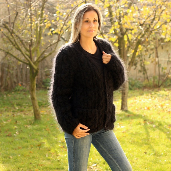 Mohair Cardigan, BLACK Cable Coat, Hand Knit Jumper, Fuzzy Jacket