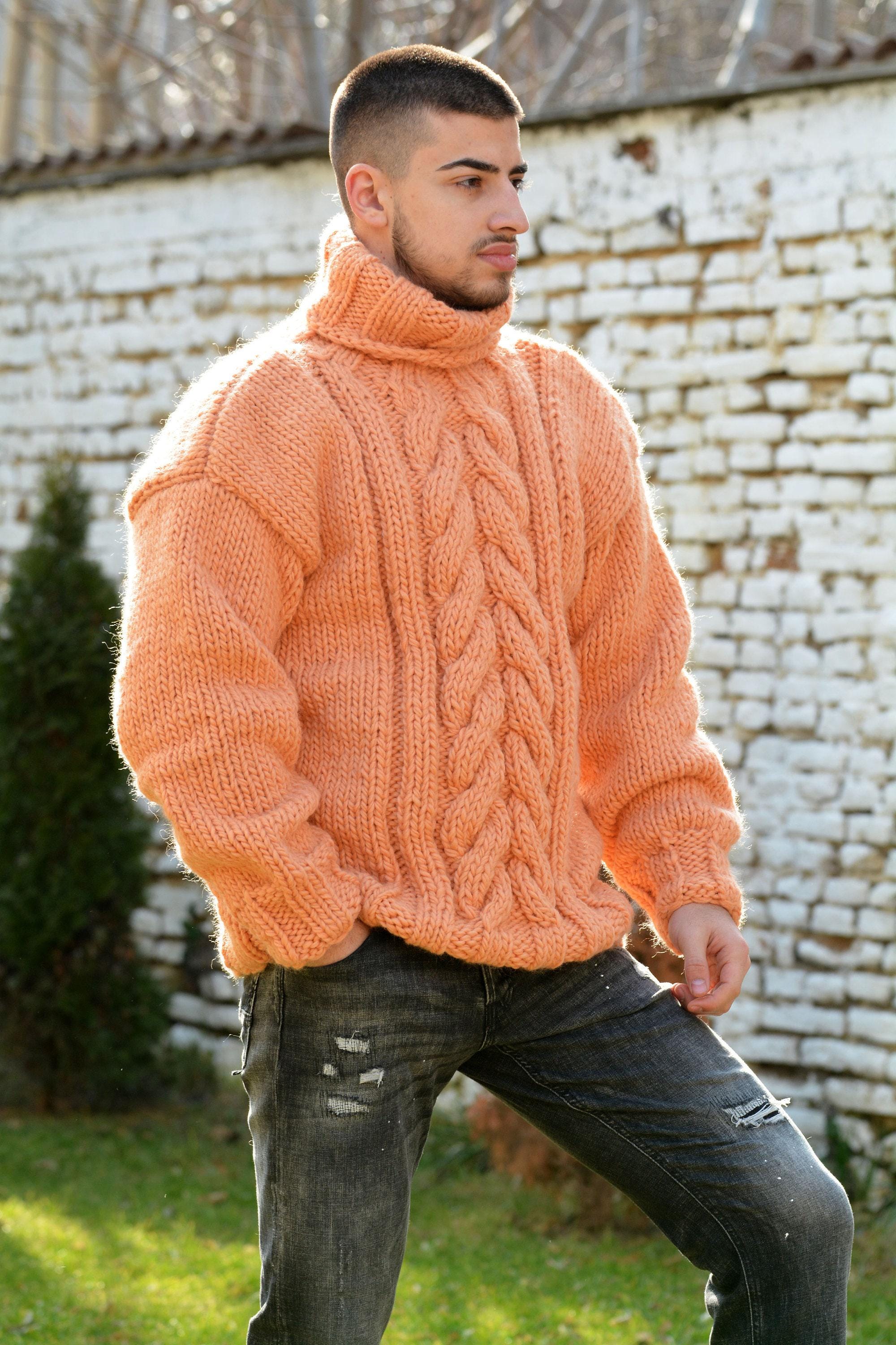 Designer Hand Knitted Wool Sweater, Peach Chunky Jumper, Cable