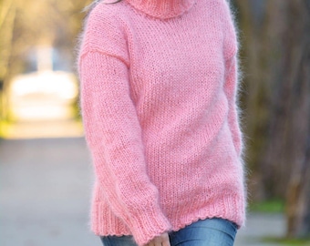 Pink Sweater, Hand Knitted Mohair Turtleneck Fuzzy Jumper T-neck Pullover Jersey by EXTRAVAGANTZA