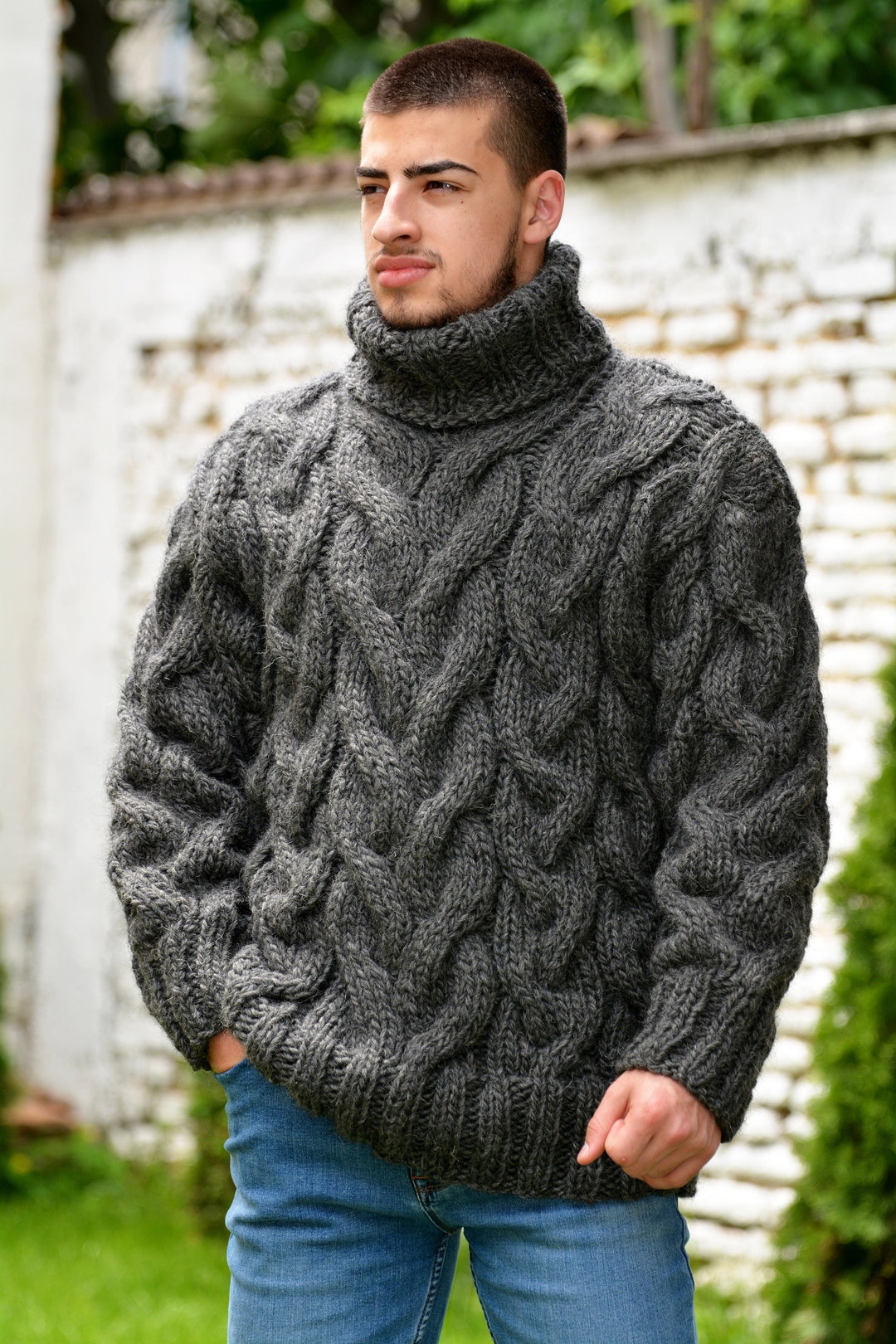 Hand Knitted Wool Sweater, Cable Handmade Pullover, Turtleneck Dark ...