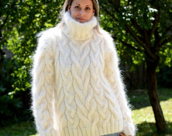 Hand Knitted Mohair Sweater Cable Fuzzy Turtleneck Jumper White Pullover Jersey by Extravagantza