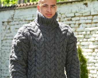 Handmade Wool Sweater, Gray Thick Cable pullover, Designer Hand Knitted Dark Grey Turtleneck Jumper Jersey by Extravagantza