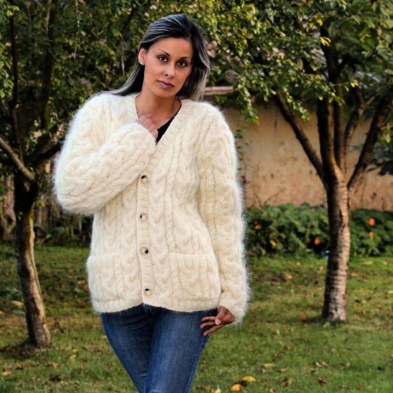 Hand Knitted Mohair Cardigan White Cable Fuzzy Sweater Coat Jumper Jersey Jacket 2 pockets MADE to ORDER by Extravagantza image 4