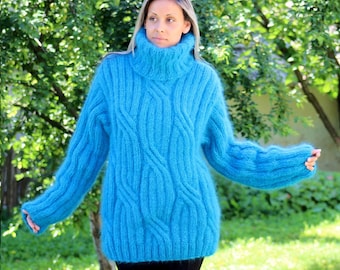 Hand Knit Mohair Sweater Cable BLUE / Turquoise Fuzzy Turtleneck Jumper Pullover Jersey by Extravagantza