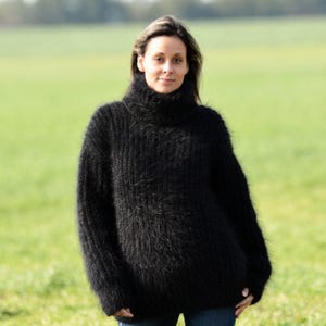 New BLACK Hand Knit Mohair Sweater Turtleneck Fuzzy Pullover by Extravagantza MADE to ORDER