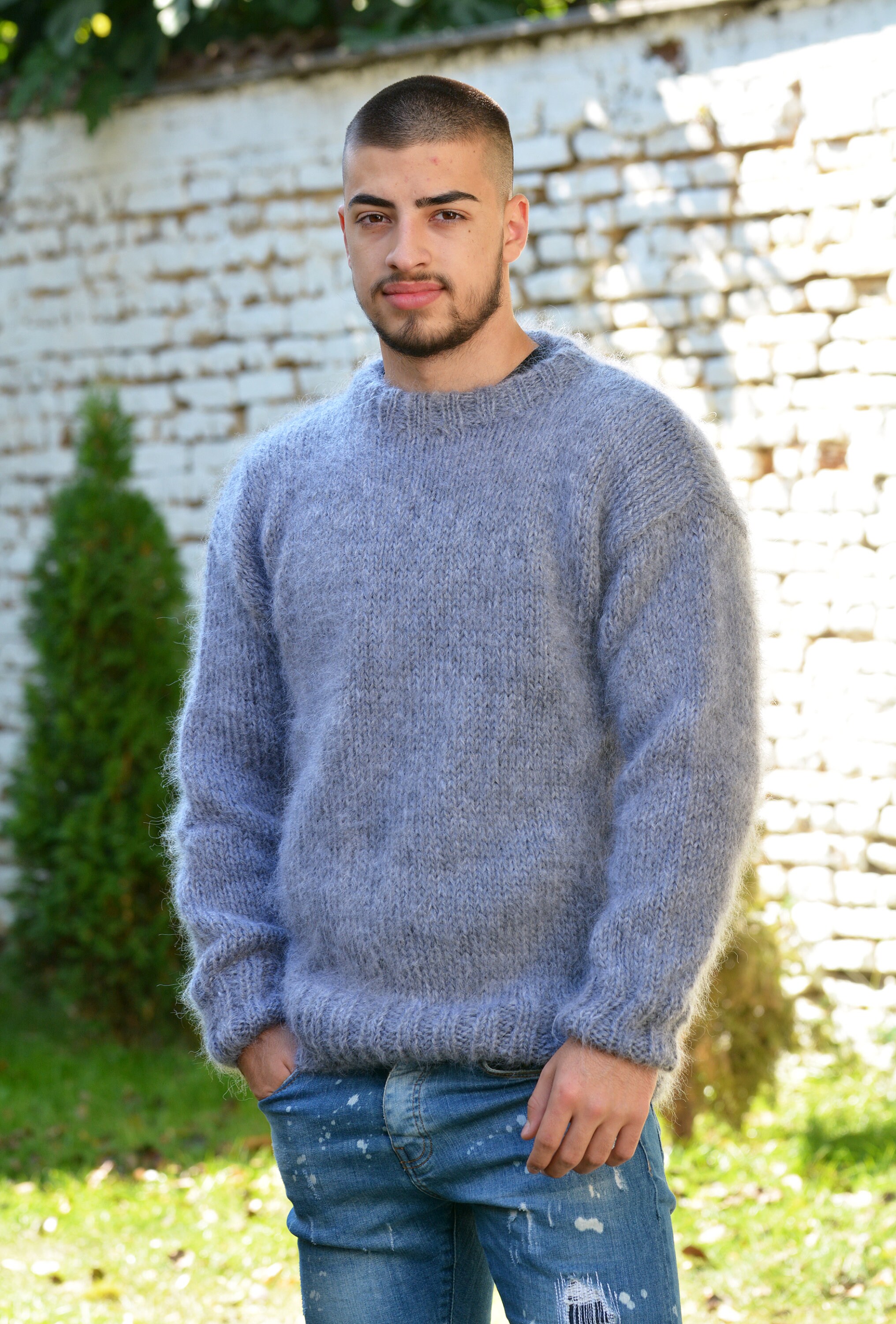 Designer Hand Knitted Wool Sweater, Crewneck Fuzzy Pullover, Gray