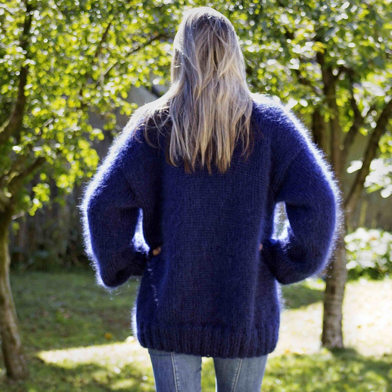 Hand Knitted Mohair Sweater Dark BLUE Fuzzy Turtleneck Jumper Pullover Jersey by Extravagantza MADE to ORDER image 3
