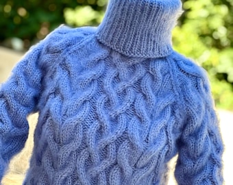 Hand Knit Mohair Sweater Cable Turtleneck Jumper Fuzzy Pullover Thick Jersey by Extravagantza