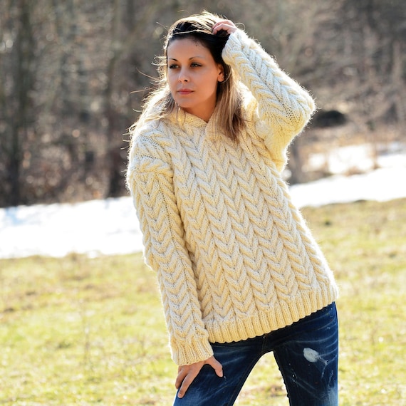Hand Knit Wool Sweater Cable White Fuzzy Hooded Jumper Pullover