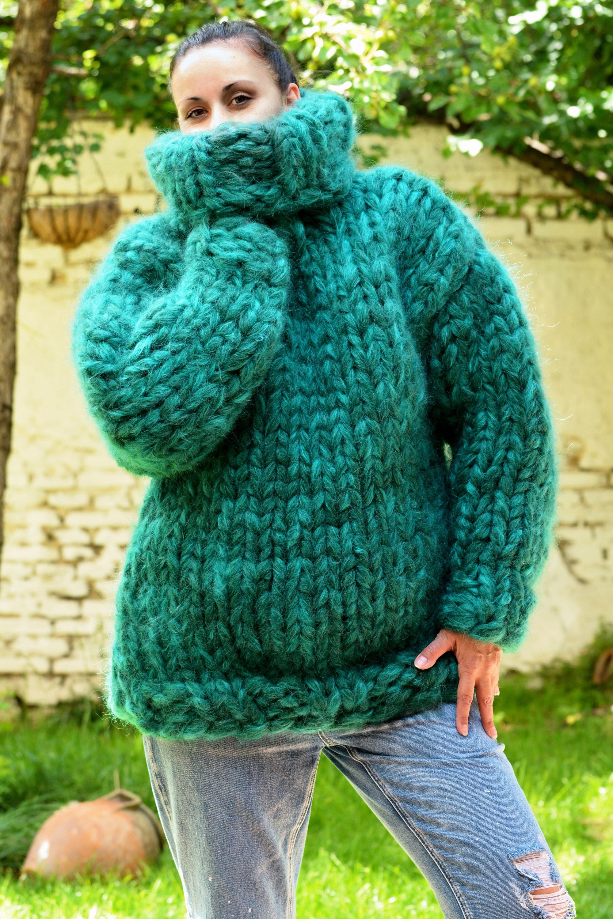 Mohair Thick Cashmere Turtleneck Sweater 32 Strands Hand Knit