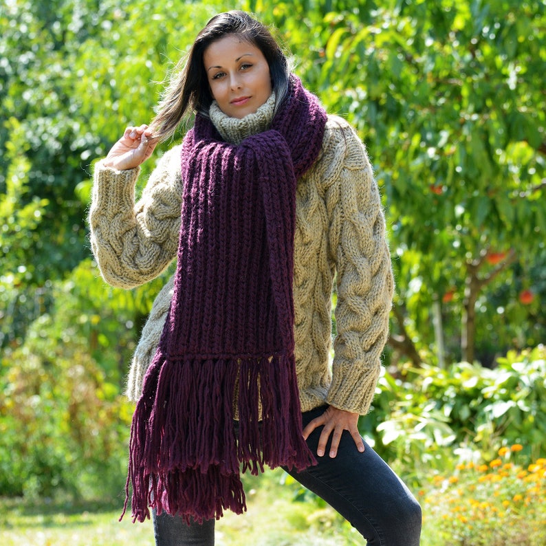 Hand Knitted Scarf 100% Wool Wrap Knit Dark Fuchsia Chunky - Etsy