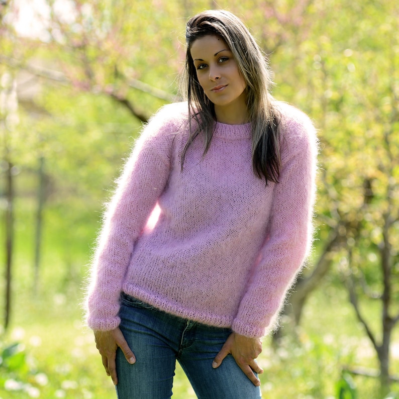 Hand Knit Mohair Sweater PINK Fuzzy Crew Neck Jumper Pullover | Etsy