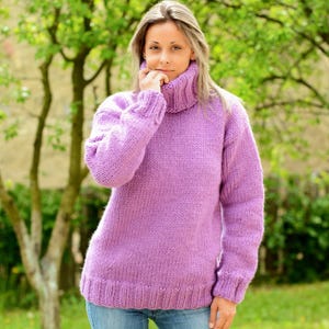 Hand Knitted Wool Sweater, Designer Lilac Soft Turtleneck Pullover, Sexy Women&#39;s Jumper Jersey by EXTRAVAGANTZA