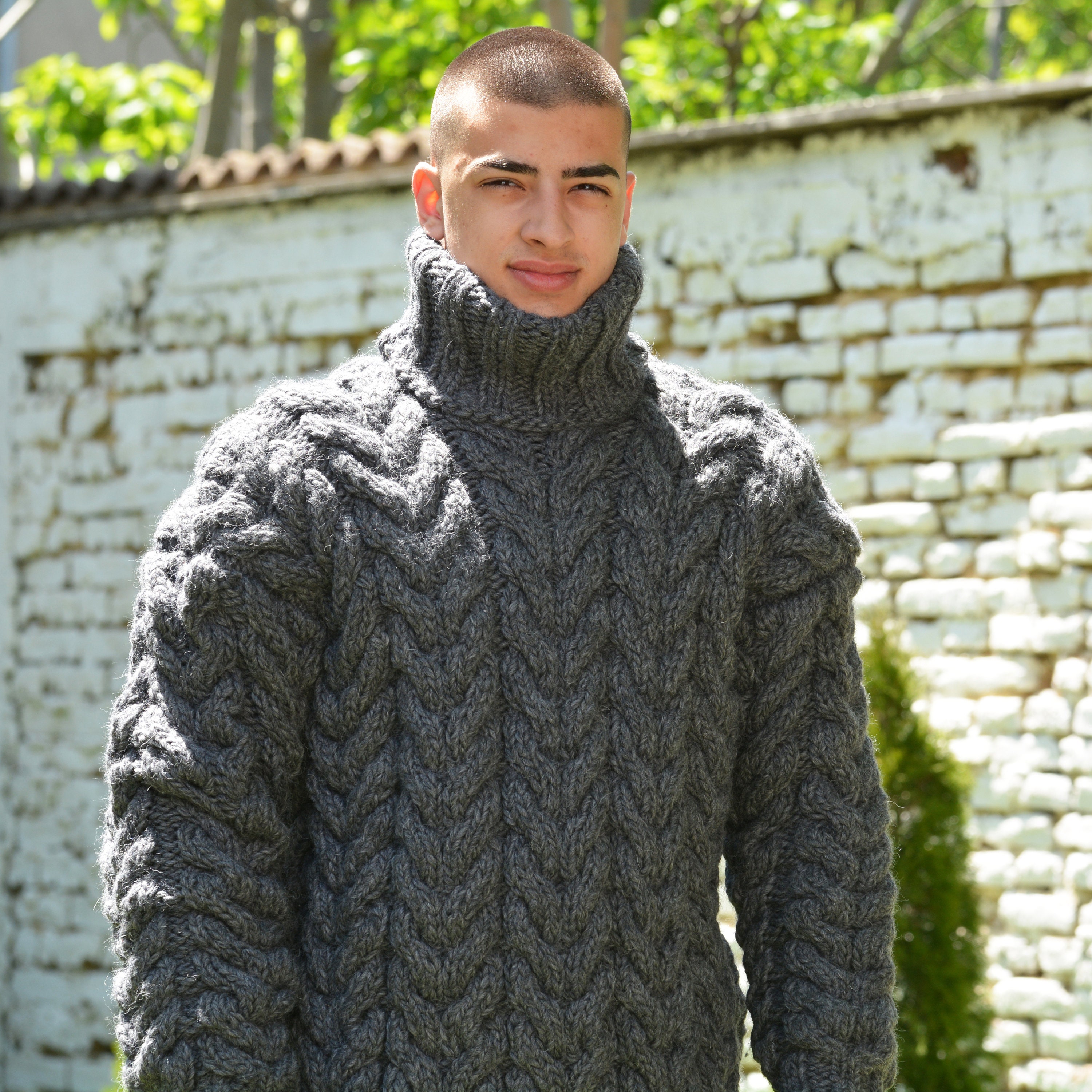 Wool Turtleneck Sweater, Cable Hand Knitted Jumper, Light Grey Fuzzy Jersey  by Extravagantza 
