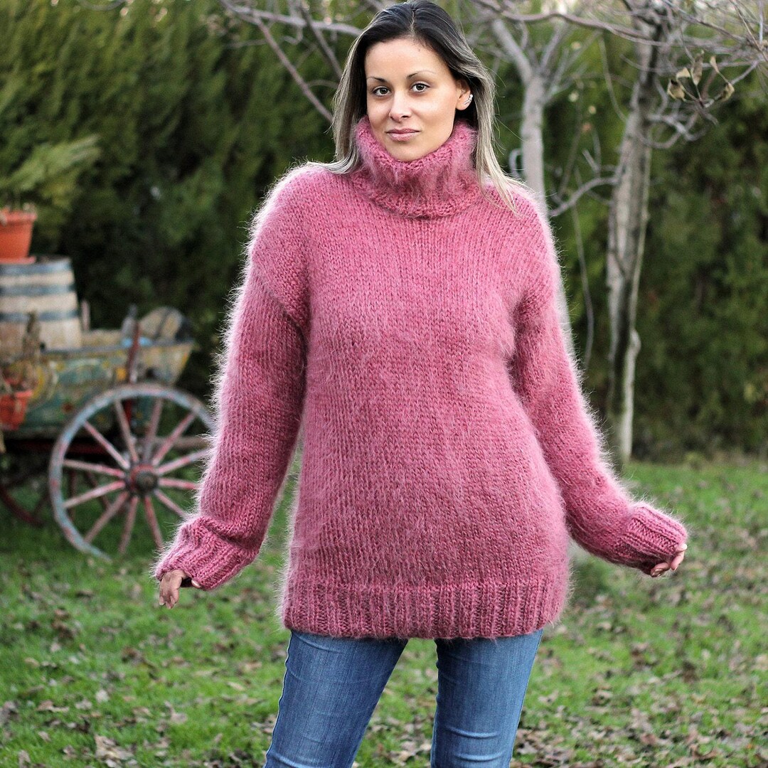 Hand Knitted Mohair Sweater in Dark Pink Color Fuzzy Turtleneck