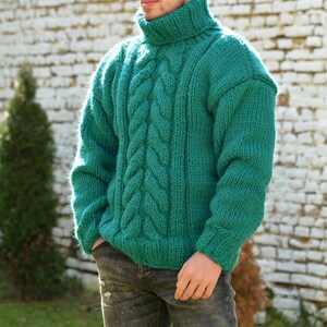 Hand Knitted Wool Sweater, Chunky Jumper, Designer Cable knit Turtleneck, Green Unisex Wool Pullover by Extravagantza image 8