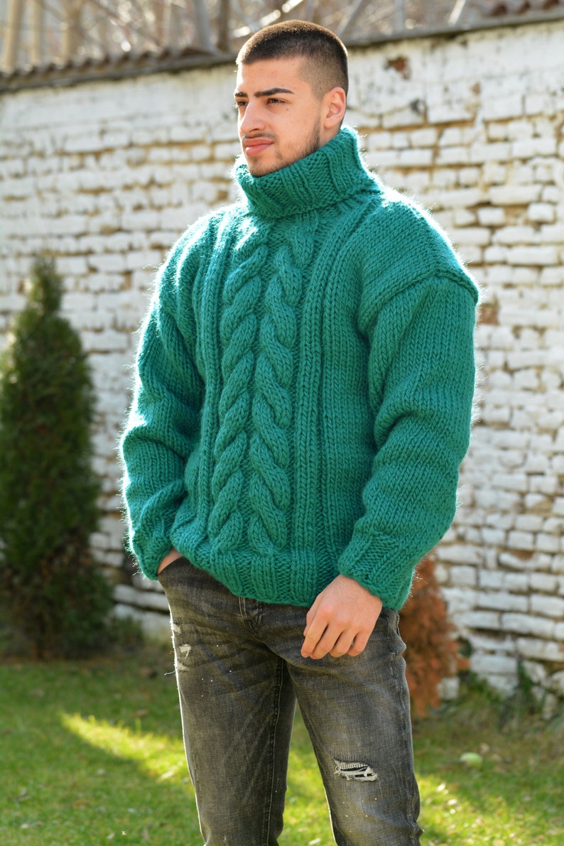 Hand Knitted Wool Sweater, Chunky Jumper, Designer Cable knit Turtleneck, Green Unisex Wool Pullover by Extravagantza image 8