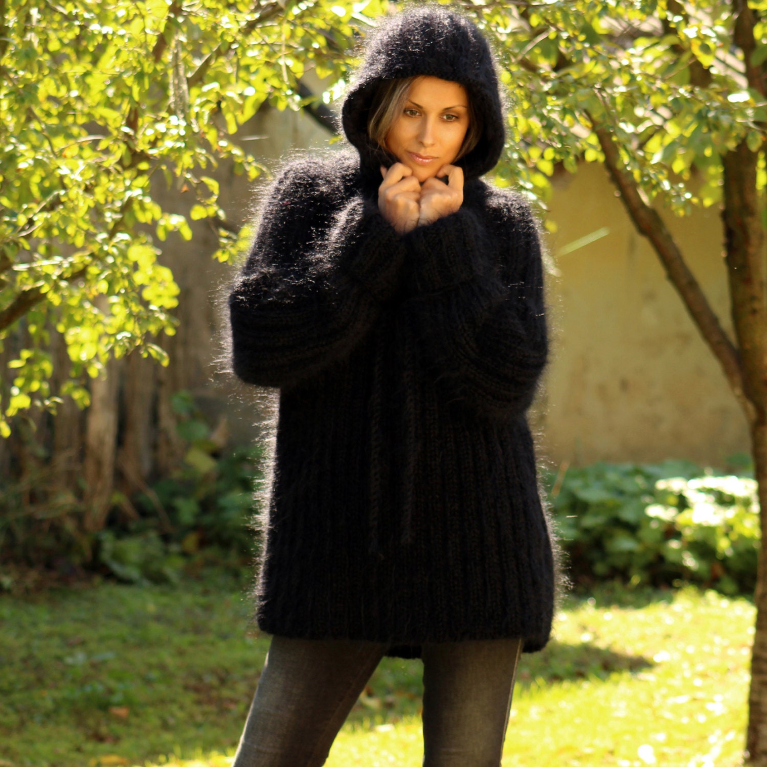 Hand Knit Mohair Hooded Sweater BLACK Cable Fuzzy Jumper - Etsy Canada
