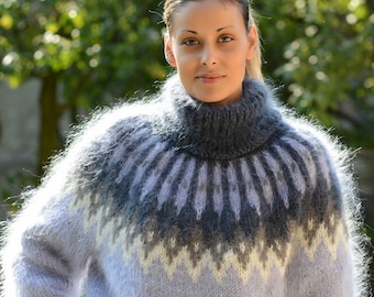 Beautiful Icelandic Sweater, Fluffy Nordic Jumper, Oversized Mohair Turtleneck, Handknit Pullover, Fair Isle Sweater dress