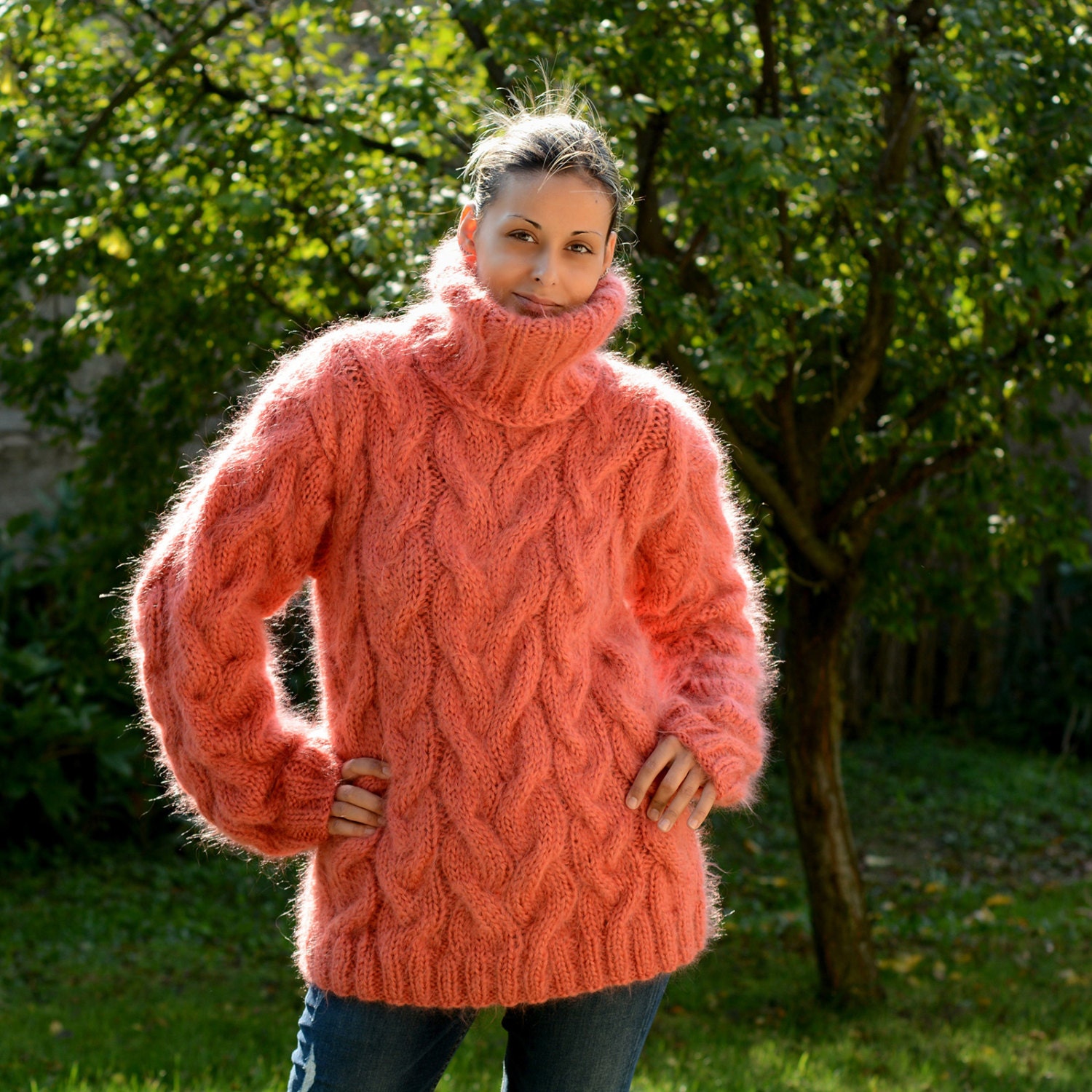 Hand Knit Mohair Sweater Cable Coral Color Fuzzy Turtleneck Jumper ...