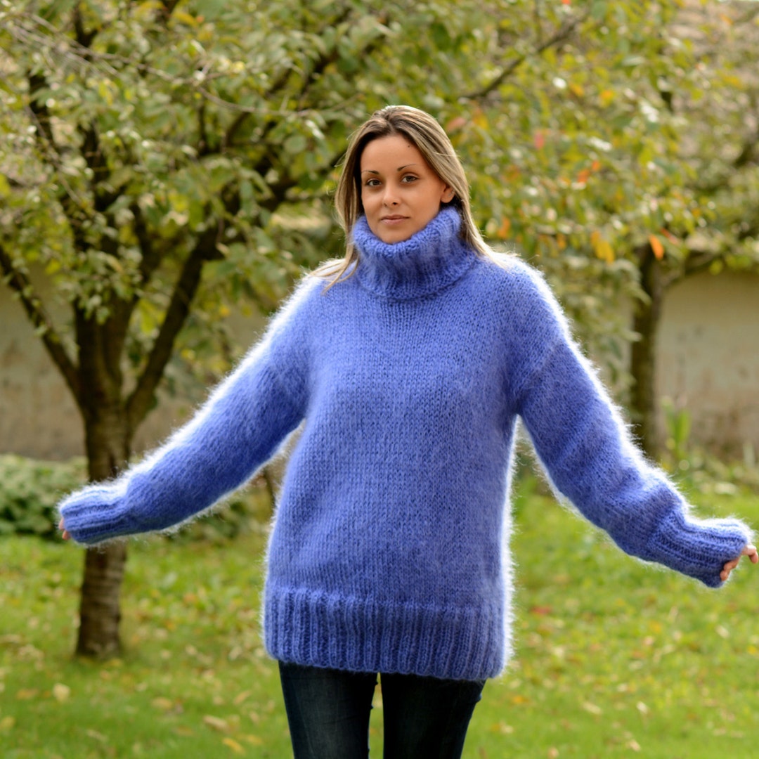 Hand Knit Mohair Sweater Blue Fuzzy Turtleneck Jumper Pullover - Etsy