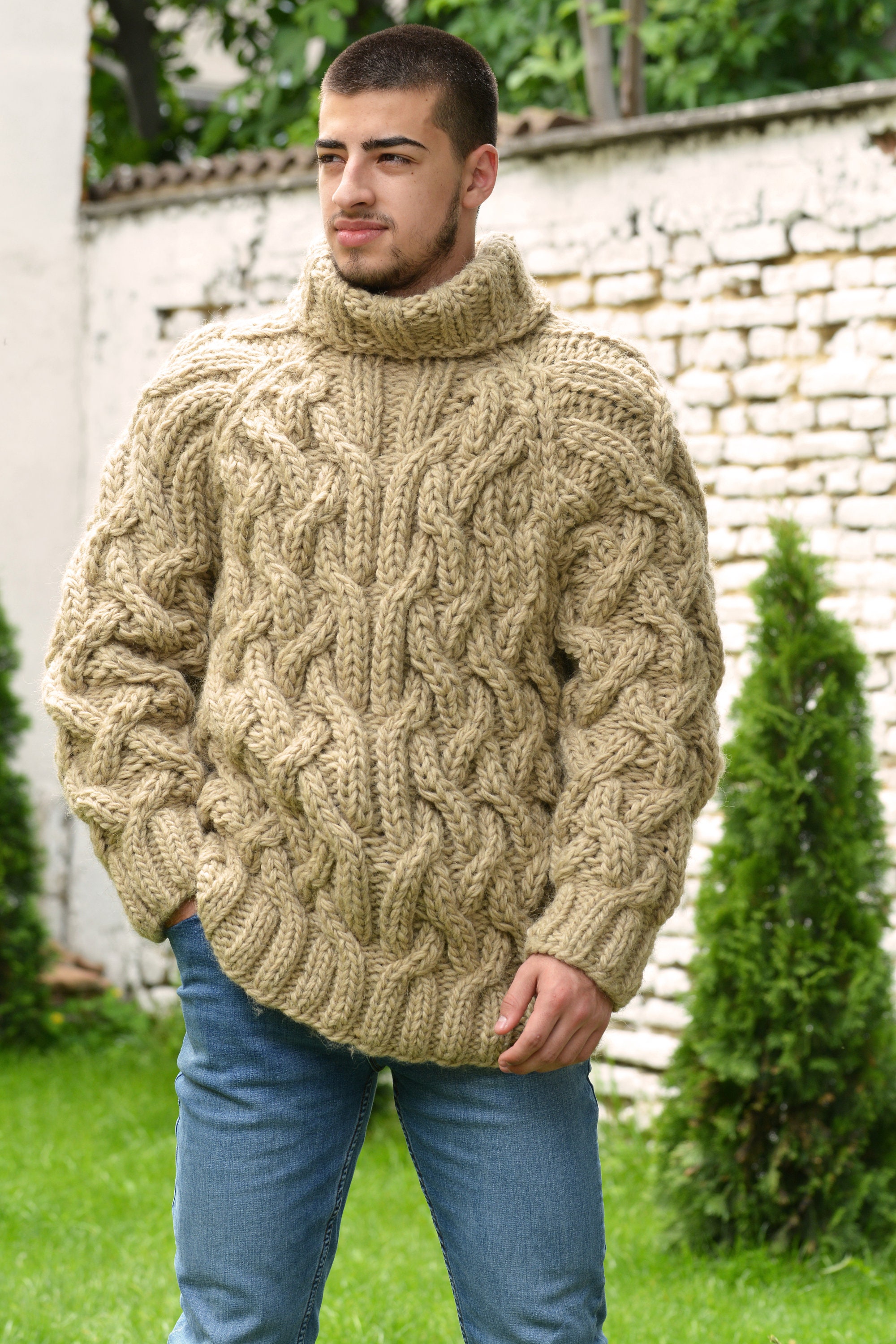 Thick Cable Hand Knit 100% WOOL Turtleneck Sweater Light Beige - Etsy