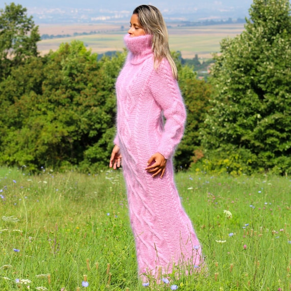 Hand Knitted Mohair Dress PINK Fuzzy Fetish Jersey Massive Long Turtleneck Sweater by EXTRAVAGANTZA Etsy Ireland