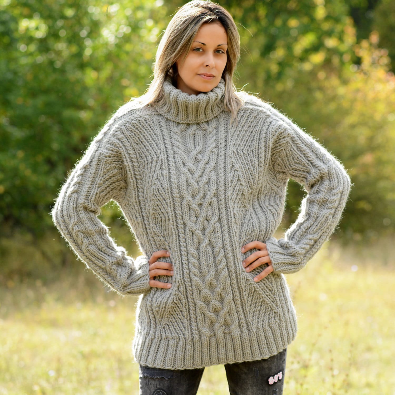 Thick Cable Hand Knit 100% WOOL Turtleneck Sweater Grey Fuzzy - Etsy