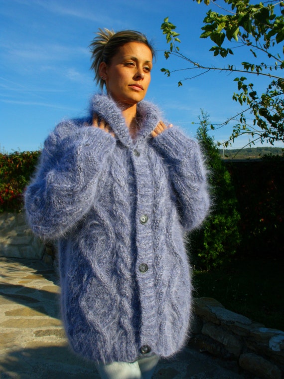 Hand Knit Mohair Cardigan Shawl Collar Thick Fuzzy Coat Fluffy 