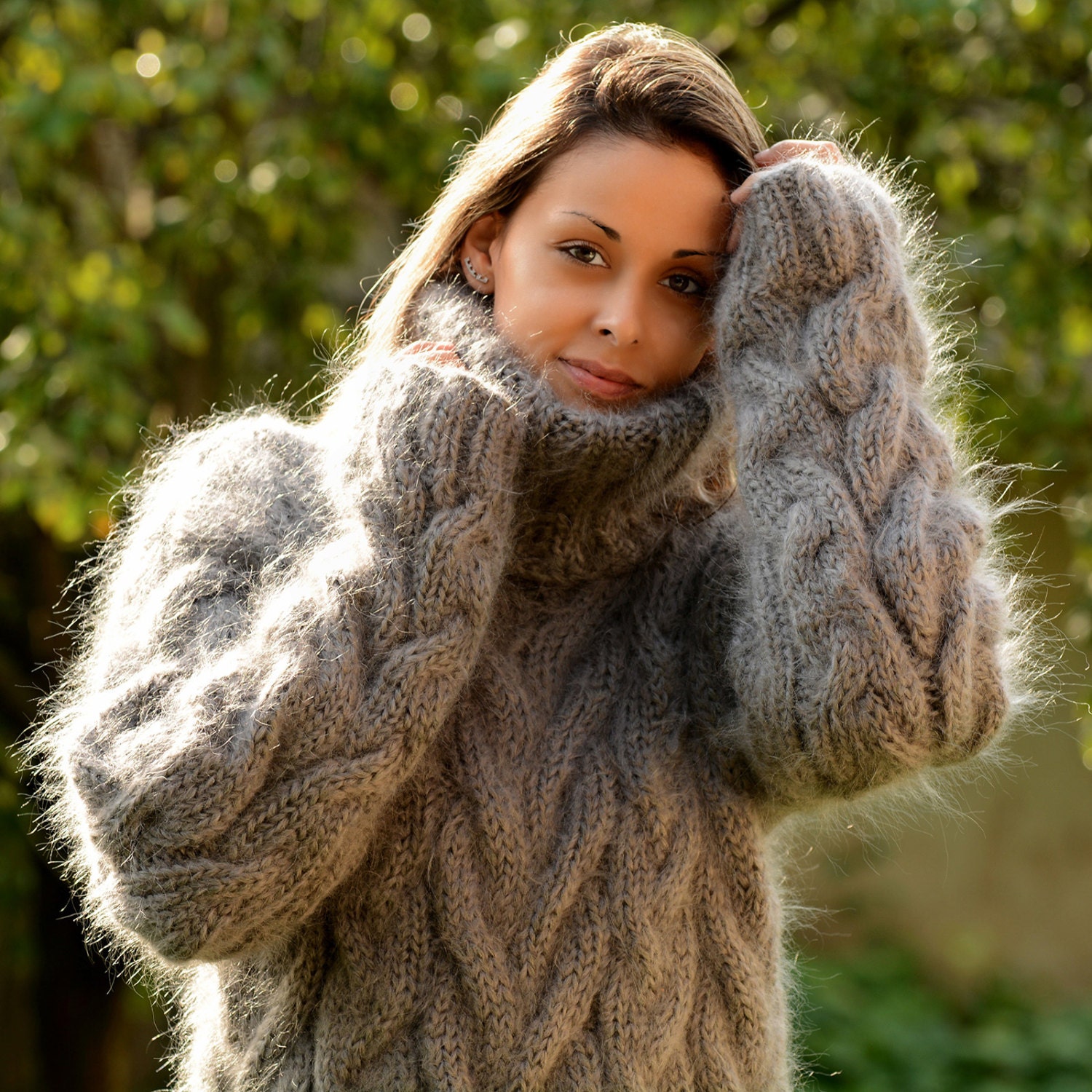 Hand Knit Mohair Sweater Cable Grey color Fuzzy Turtleneck | Etsy