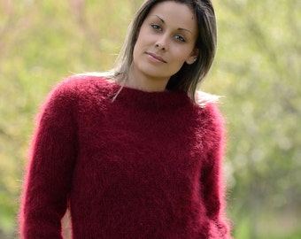 Mohair Sweater, Hand Knitted pullover, Red color Fuzzy Crew neck Jumper Jersey by Extravagantza