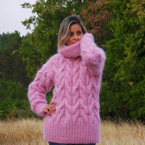 Cable Thick Hand Knit Sweater Mohair Pink Red or Color of your Choice Fuzzy Jumper Turtleneck EXTRAVAGANTZA image 4