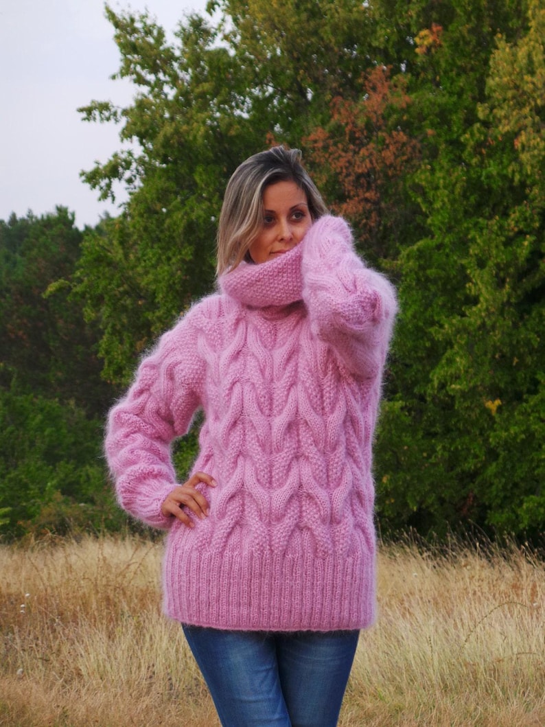 Cable Thick Hand Knit Sweater Mohair Pink Red or Color of your Choice Fuzzy Jumper Turtleneck EXTRAVAGANTZA image 4