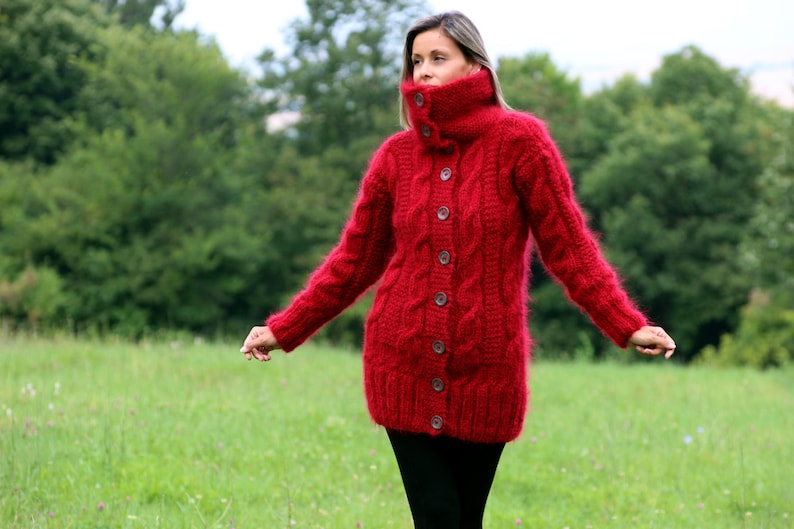 Hand Knit Mohair Cardigan Turtleneck Red Thick Fuzzy Coat Fluffy Cable Mix Sweater Jacket by Extravagantza image 1