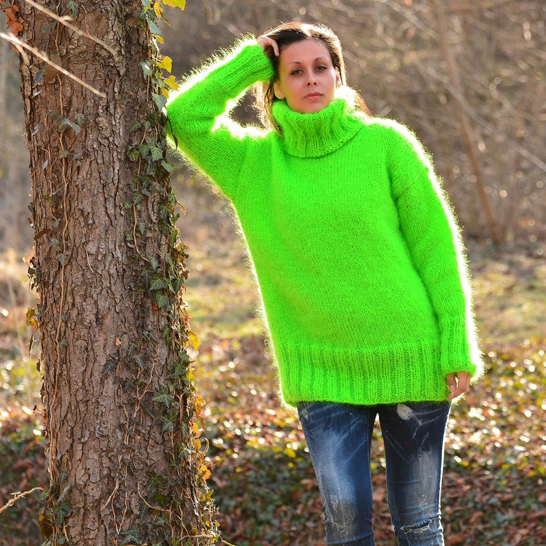 Hand Knit Mohair Sweater Neon Green Fuzzy Turtleneck Jumper | Etsy