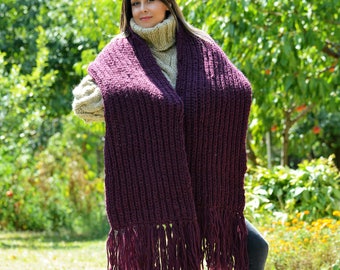 Handgestrickter Schal 100% Wolle Wrap Knit Dunkel Fuchsie Damen Weicher warmer langer Winter Schal von EXTRAVAGANTZA